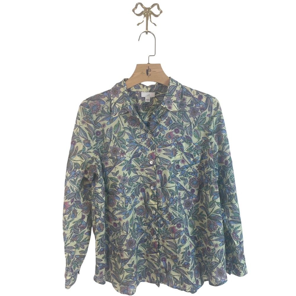 J. Jill Cotton Dragonfly Floral Button Down Shirt Yellow Blue Medium